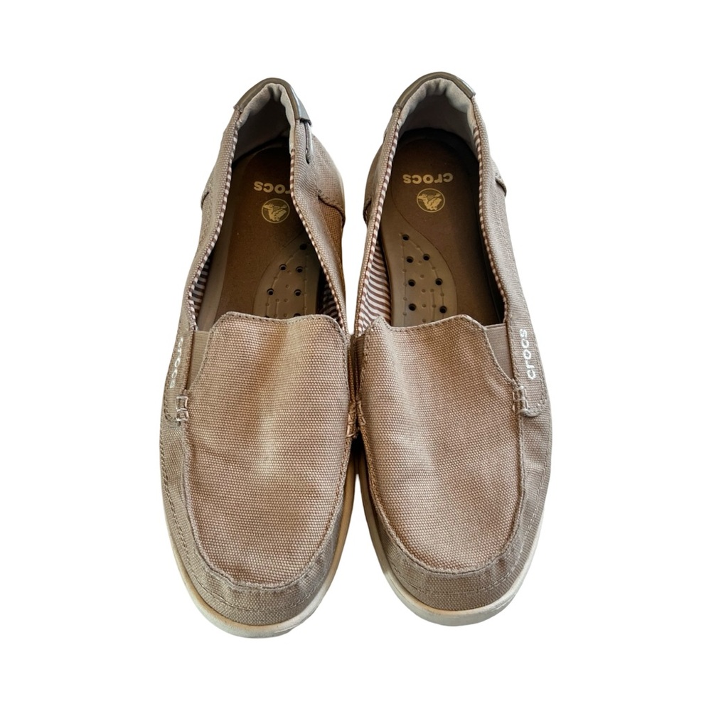 Crocs Santa Cruz Mens Khaki Canvas Slip On Loafers Size 11 Boat Shoes Tan